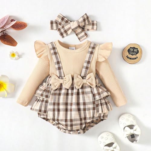 Baby Girl Fall Outfit Long Sleeve Ribbed Romper with Plaid Suspender Bloomers and Headband2