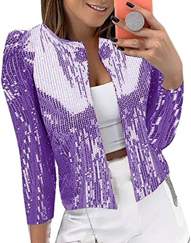 Wdgfv Purple Sequins Blazer, Women Shiny Sequins Blazer Long Sleeve Lapel Collared Open Front Sparkly Evening Blazer Jacket S-XXL Blazers Casual Blazer Jackets Plus Size Office Blouses for Work