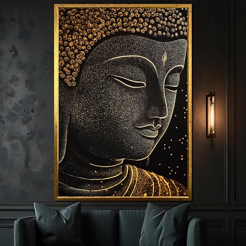 Tableau Bouddha doré 80x120cm sur toile de coton avec cadre intérieur pour salon zen