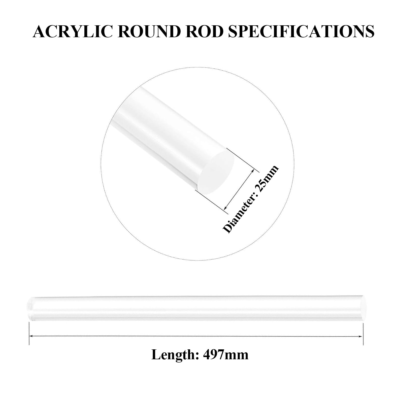 Acrylstab klar massiv, Acryl-Rundstab, 2 Stück, 497 mm Länge, 22–32 Durchmesser(Diameter 25mm)