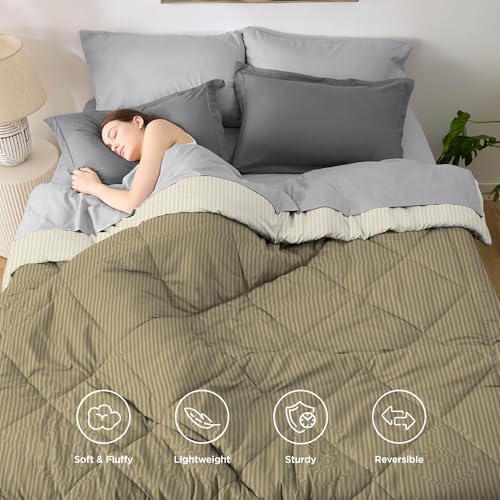 Image of HOMEKART 220 GSM Microfiber Reversible Comforter for Double Bed | Ultra Soft, Skin-Friendly & Hypoallergenic Solid Striped Blanket | Lightweight Cozy & Machine Washable (254CMx228CM, Mouse & Beige)