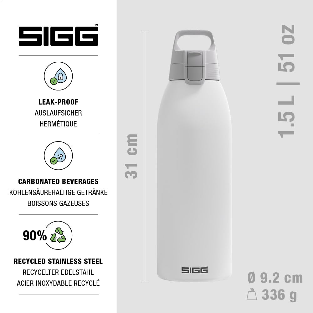SIGG - Izolowana butelka na napoje – Shield Therm One White – napoje gazowane – szczelna – nadaje się do mycia w zmywarce – nie zawiera BPA – 90% stal nierdzewna z recyklingu – biała, 1,5 l