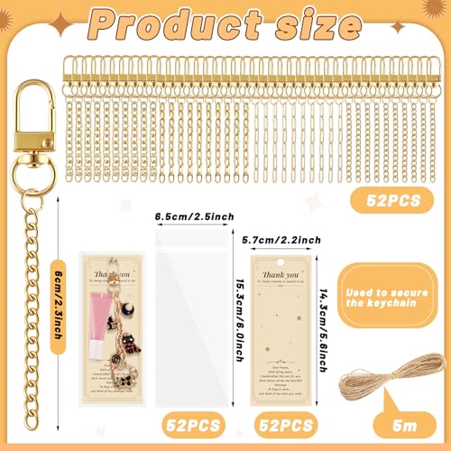 Image of Wurosi 52 Set Lip Gloss Keychain Making Kit, Gold Keychain Clips Hooks with Extender Chain, Gift Bags, Thank You Cards, 5M Hemp Rope, for DIY Key Chain Making Crafts