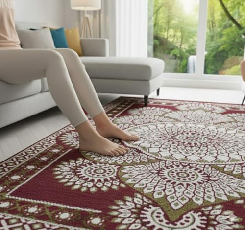 Image of Cotton Carpet 5x7 Feet Soft Velvet Rug for Living Room, Hall & Bedroom | Floor Carpet for Home | Designer Dari 150x210 cm | Non-Slip, Trendy & Durable Kalin Reactangle (Maroon)