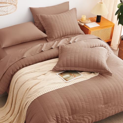 Image of CozyLux Queen Comforter Set Mocha Mousse, 7 Pieces Seersucker Textured Luxury Bed in a Bag Queen, All Seasons Bedding Sets with Down Alternative Comforter, Sheets, Pillowcases & Shams, Bedroom Bed Set