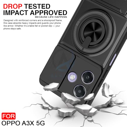 Image of AESTMO Oppo A3X 5G Back Cover | Armor Camera Slider 360 Degree Rotating Finger Ring Holder Case with Bracket Stand Back Case Cover (Compatible with MagSafe Accessories) (Black)