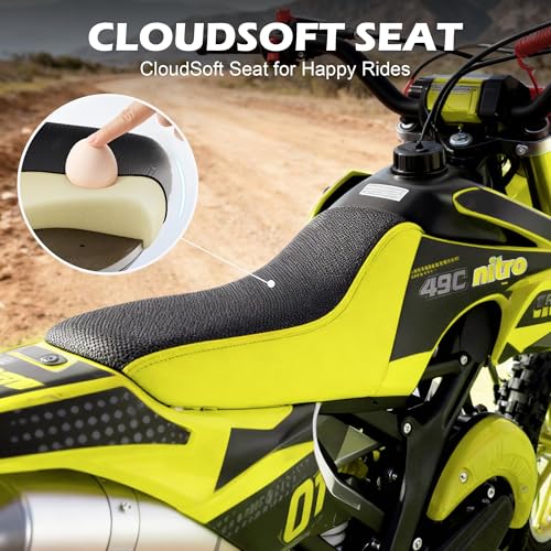 Image of 50cc Dirt Bike, 2 Stroke Gas Mini Bike for Kids 8-14 with Front Rear Disc Brakes, 10 Inch Off-Road Tires, Shock Absorption, Seat Height 23.6in, Max Speed 40mph, 2026 Upgraded,Yellow