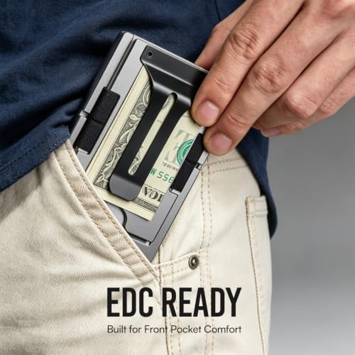 Image of Tactical Mens Wallet, RFID NFC Blocking Pop Up Card Holder, 1.3cm Ultra Slim Space Aluminum Minimalist Money Clip Wallet for Men With ID Window Gray