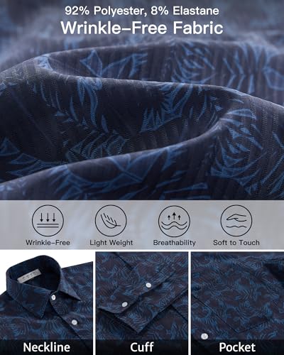 BOJIN Men's Dress Wrinkle-Free Floral Hawaiian Long Sleeve Flower Printed Casual Button Down Shirts with Pocket Pattern Navy Blue 1X