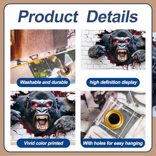 Image of 16x7ft Breaking Wall Gorilla Garage Door Banner- Smashing Brick Wall Backdrop, Large Hanging 2 cars Garage Decorations - for Halloween & Birthday Party Funny Novelty Background Sign, Man Cave Decor