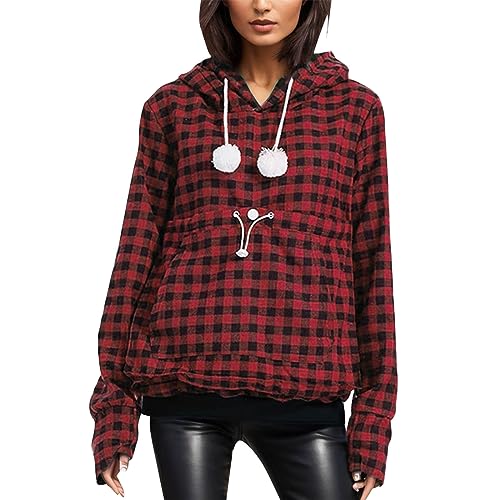 Damen Fleece Pullover Kapuzenpullover mit Katzen Hund Tasche Hundetasche Katze Pulli Sweatshirt Hoodie Kapuze Katzenpulli Beutel Langarm Herbst Winter Große Größen Hoodie mit Große Tasche