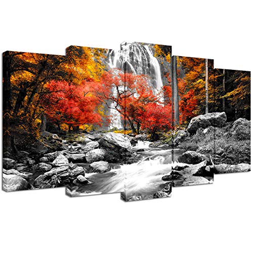 Visual Art Decor Black White Red Canvas Wall Art Autumn Yellow Orange Trees Forest Waterfall Lake Picture Prints for Modern Home Living Room Office Decoration (5 Pieces)