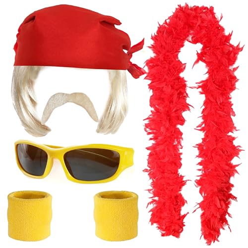 Ensemble d'accessoires de lutteur pour adultes – Bandana rouge, lunettes de soleil et bandeaux jaunes, perruque et moustache blondes, boa à plumes rouges...