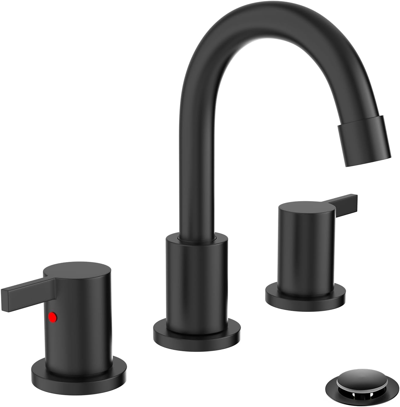 Phiestina Matte Black 8 Inch 3-Hole Widespread Bathroom Sink Faucet with Valve and Metal Pop-Up Drain Assembly, 2-Handle Low-Arch Bathroom Faucets Three Hole, WF015-1-MB