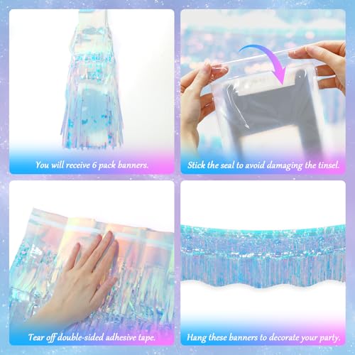 Image of LOLStar Iridescent Blue Foil Fringe Tinsel Garland Streamer Banner, 6 Pack | 60Ft Tinsel Streamers, Shiny Iridescent Blue Wall Hanging Tinsel Fringe Banners for Mermaid, Snow, Sea, Unicorn Party Decor