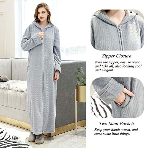 Hellomamma Long Hooded Zipper Bathrobe for Womens Flannel Fleece Robes Winter Warm Housecoat Nightgown Sleepwear Pajamas3