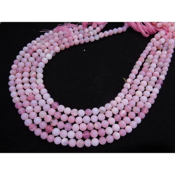 Perles en opale rose pour création bijoux, fil de billes rondes lisses 4-5mm