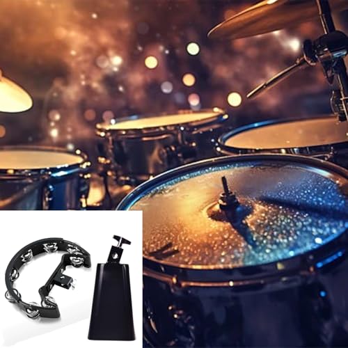 MOONBACK Tambourine and 7 Inch Cowbell Kit, Drum Set Tambourine with Mounting Eye Bolt, Black