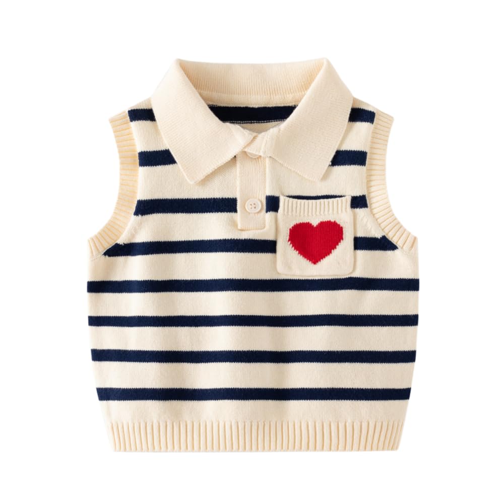 Little Boy Heart Striped Sweater Vest,Baby Girl Khaki Knit Waistcoat,Toddler Top