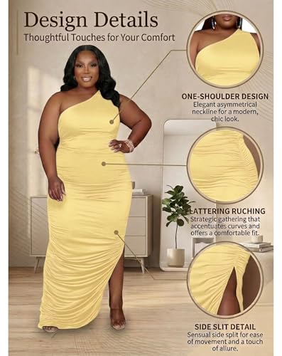 Image of Womens Sexy Plus Size One Off Shoulder Sleeveless Bodycon Ruched Evening Pencil Party Maxi Dresss