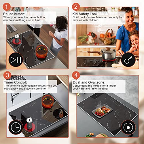 Hobsir 30 Inch Electric Cooktop 5 Burners Ceramic Cooktop, 8400W Drop-in Electric Radiant Cooktop with Glass Protection Metal Frame, Timer & Kid Safety Lock, 220-240V, Hard Wire (No Plug)