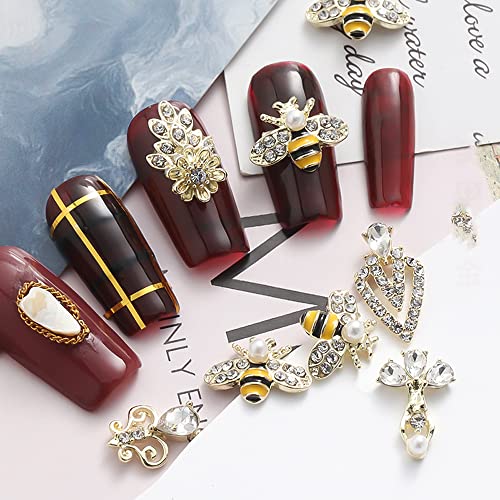 5Pcs/Lot Glitter Gold Spider Bee 3D Nail Charms Jewelry Diy Pearl Alloy Nail Art Decorations Nails Tools Stickers Animal 3D Alloy Bees Manicure Diy Accessories Jewelry Gems Tool Nail Design (#7) #TOP2