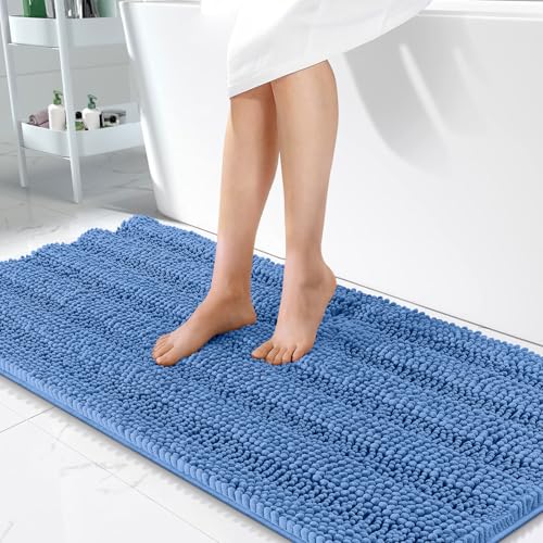 Image of OLANLY Thick Bathroom Runner Rugs 47x24, Extra Absorbent Chenille Striped Bath Rugs, Rubber Backing, Machine Wash, Long Bath Mats for Bathroom, Tub and Shower, Home Decor Accessories, Cornflower Blue