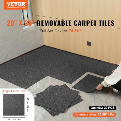 Image of VEVOR Carpet Tiles Reusable, 20 inchx 20 inch Carpet Squares with Padding Attached, Soft Padded Carpet Tiles, Easy Install DIY for Bedroom Living Room Indoor Outdoor (20 Tiles, Dark Gray), (55.5 sqft /Box)