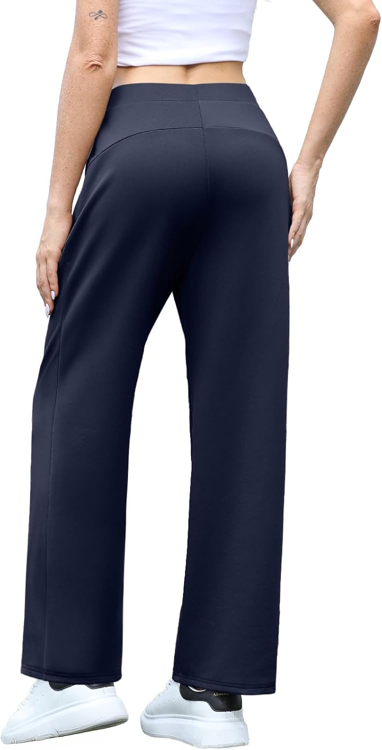 Feiersi Women Stretchy Wide Leg Pants Soft Elastic High Waisted Casual Palazzo Pants Trousers with Pockets(Navy Blue,Large) - Image 2