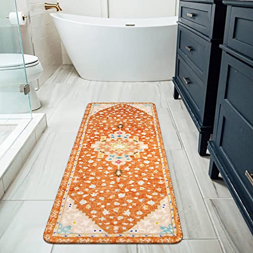 Uphome Long Boho Rug Orange Vintage Floral Bathroom Runner Rug Non-Slip Machine Washable Bath Mat Soft Velvet Oriental Persian Traditional Aesthetic Accent Rug For Sink Shower Doormat Tub, 20X59 Inch #TOP4