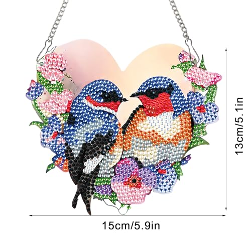 Image of Diamond Art Painting Hanging Kit for Adults, Heart-Shaped Romantic Love Birds DIY Diamond Painting Acrylic Ornament, Diamond Art Pendant Window Suncatcher Wall Door Home Decor