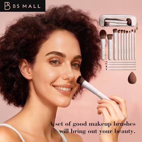 Image of BS-MALL 14 Pcs Makeup Brushes Set with 1 Pcs Makeup Sponge - Essential Foundation Powder Concealers, Eye Shadows, Blush Makeup Brushes with Travel Makeup Case (Beige)