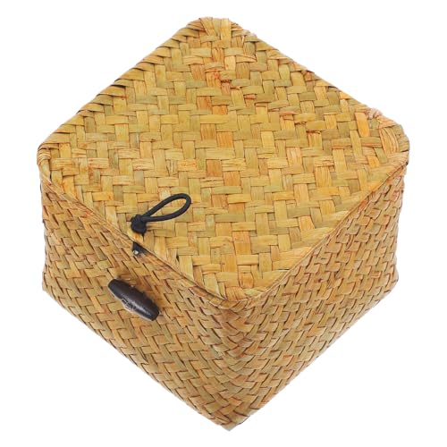 SILENRADAWN Caja de Almacenamiento Tejida con Tapa para Té y Accesorios Cesta Cuadrada de Paja Natural para Dormitorio Sala y Estanterías Organizador Rústico Multifuncional
