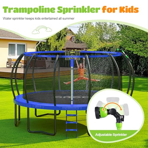 Image of ORCC 1300LBS Weight Capacity Trampoline 16 15 12FT with Basketball Hoop Water Sprinkler Spiral Ground Stakes Outdoor Yard Trampolines for Kids Adults