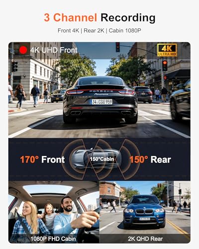 Image of 3 Channel 4K Dash Cam with STARVIS 2 Sensor, Free 128GB Card and WiFi 6 up to 20MB /s, Dash Camera for Cars with Front Rear Inside, 4K 2K 1080P, IR Night Vision, GPS, 24H Parking Mode, G-Sensor