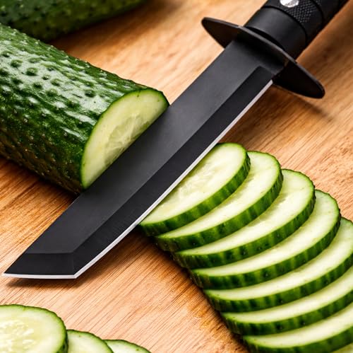 Image of Long Black Kitchen Knife with Protective Sheath | Carbon Steel Vegetable & Meat Cutting Knife | Multipurpose Chef Utility Knife