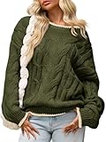 Saodimallsu Womens Oversized Sweater Casual Cable Knit Color Block Crewneck Pullover 2025 Fall Winter Chunky Trendy Sweaters Army Green