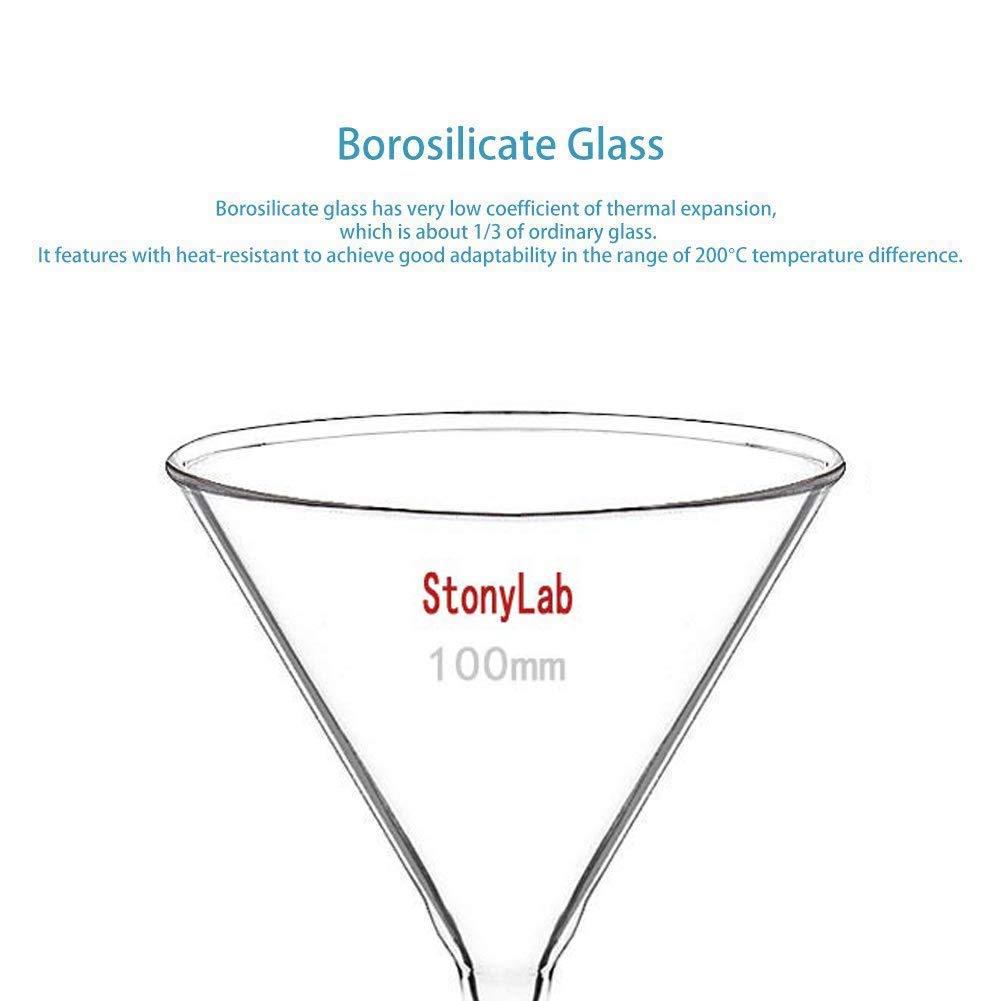 StonyLab 2-Paquet Entonnoirs en Verre Borosilicaté, Borosilicaté Glass Funnel, Tige Courte Diamètre de 100 mm, Longueur de Tige de 100 mm