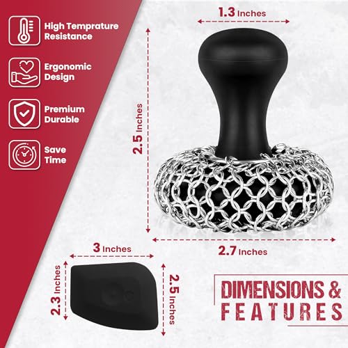 Image of Zylark 316L Chainmail Scrubber Cleaner - Chain Mail Scrubber Cast Iron - Cast Iron Skillet Scrubber - Chain Scrubber with Long Handle