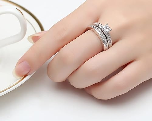 Miniatura 3 de Juego de anillos de compromiso de plata de ley 925 de 3 quilates con circonita cúbica transparente, anillo de regalo para mujer