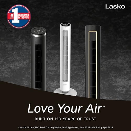 Image of Lasko Pinnacle 40 inch DC Tower Fan for Bedroom, Living Room, Home Office - 32 ft /s Airflow, 50 ft Distance, 90 Oscillation - AirSense, 12 Speeds, Night Light - Quiet 24 dBA - Remote, White