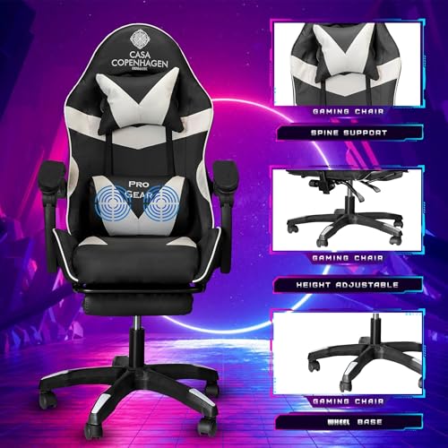 Image of Casa Copenhagen Designed in Denmark,High-Back Italian Leather Gaming Ergonomic Chair with Advanced Mechanism & Electric Back Massager, Memory Foam Seating & Multi Function Arm-Rest - White & Black