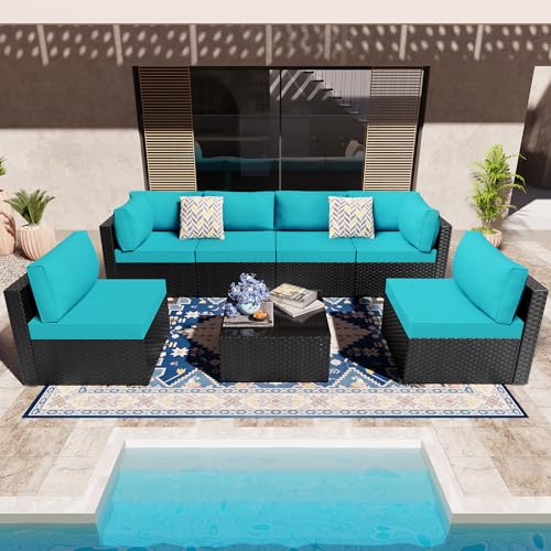 Walsunny 7pcs Patio Outdoor Furniture Sets,Low Back All-Weather Rattan Sectional Sofa with Tea Table&Washable Couch Cushions (Black Rattan)(Blue)