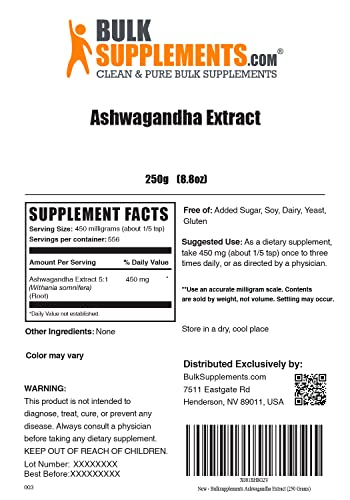 Bulksupplements.com Ashwagandha Root Extract Powder - Herbal Supplement, Ashwagandha Powder - Gluten Free - 450Mg Per Serving, 556 Servings (250 Grams - 8.8 Oz) #TOP1