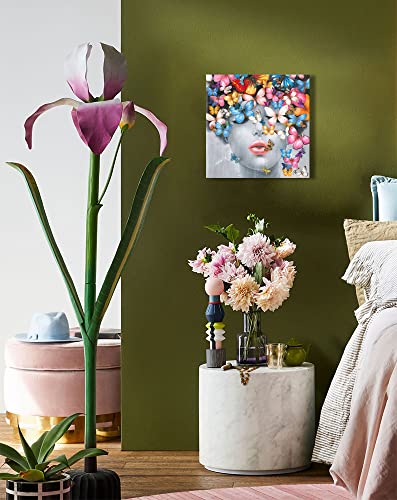 Butterfly Wall Decor Gifts For Women: Colorful Butterlies Canvas Wall Art Poster Black And White Woman Painting In Blush Pink Lip Framed Pictures For Girls Bedroom Home Office Room Decorations 14"X14" #TOP1
