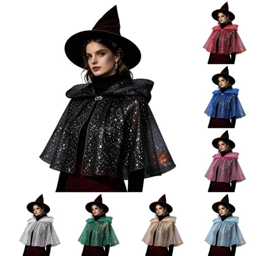 HMXCHASHIKEJI Witch Costume Women,Women’s Short Hooded Cape, Sparkle Sheer Tulle Capelet, Halloween Witch Costume Cloak for Cosplay Party(Black_01,Small) - image 1