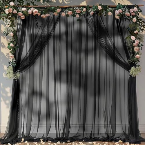 Image of 2pcs Backdrop Decoration Net Tulle Large Size, Nylon Made, Reusable, Soft, Wrinkled Free, 8 x 5 ft Each, Cabana Tent Party Decoration Items for Birthday, Anniversary (Black)