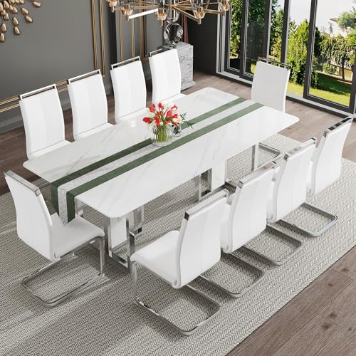 hohoedc 79'' Modern Dining Table Set for 10,White Kitchen Table Set,Luxury Dining Table Set with 1.8-inch Thick Faux Marble Table Top＆10 Pu Leather Upholstered Chairs Ideal for Dining kicken Room