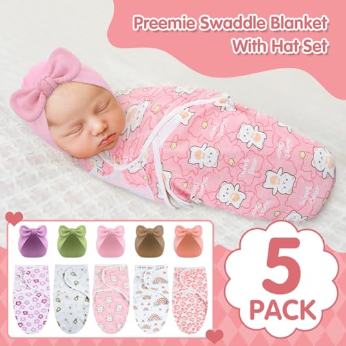 Image of Fanfanwin 5 Pack Preemie Swaddle Blanket Wrap with Hat Set, Rabbit Ears