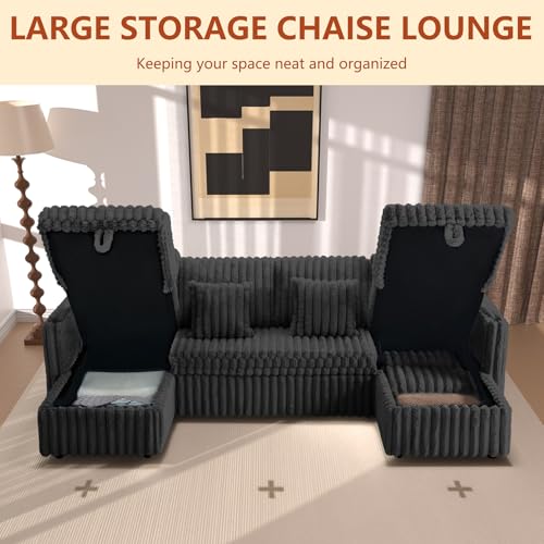 Image of 107'' Sectional Sleeper Sofa with Pull Out Bed, Storage Chaise, Adjustable Backrest, USB Charger, Cup Holder & Side Pocket, Fluffy Soft Corduroy U Shaped Couch for Living Room, Black